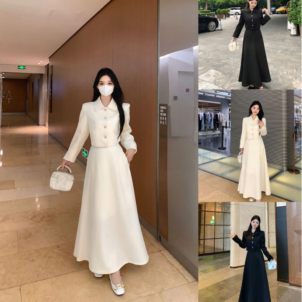 Set váy dạ 2 món áo dài tay khuy cài chân váy xoè dài - Bộ váy dạ 2 món áo cổ bẻ và chân váy xoè 2 l