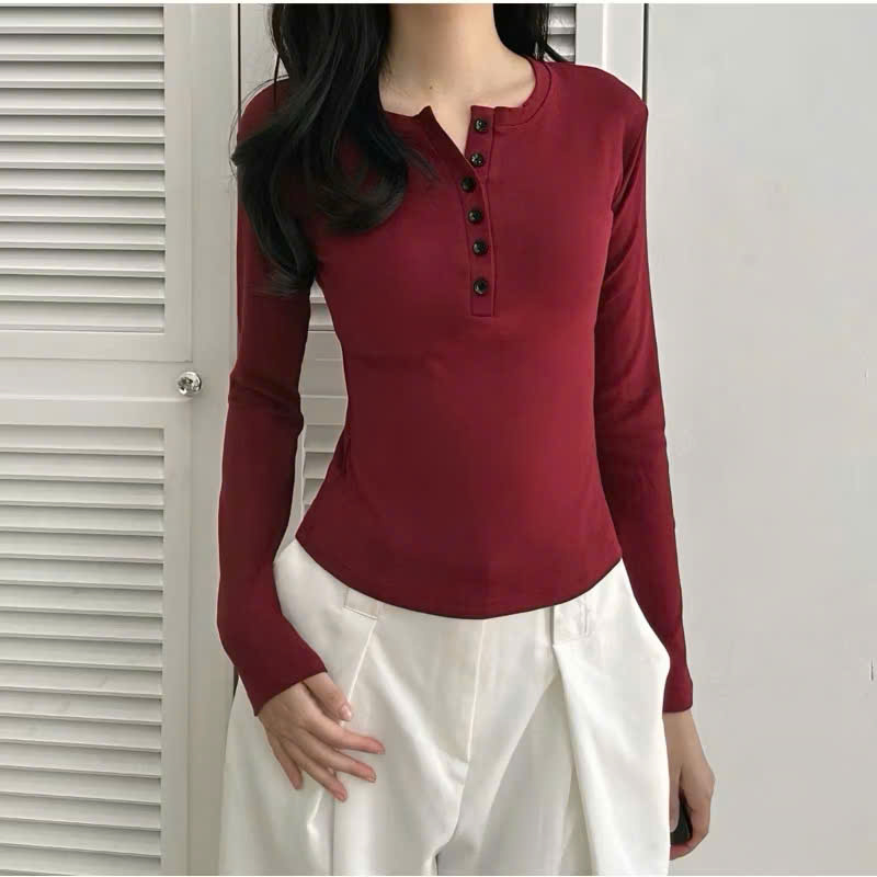 Áo thun dài tay cúc xẻ dáng ôm chất thun tăm lông thỏ mịn co giãn HA888 | BigBuy360 - bigbuy360.vn