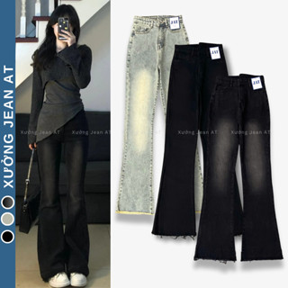 Quần Bò Jean Nữ Ống Loe Lưng Cao Màu Đen Wash Bụi Rách Gấu, Quần Bò Loe Co Giãn 4 Chiều Phong Cách RETRO Hàn Quốc 583