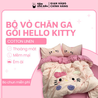 Bộ Vỏ Chăn Ga Giường Vỏ Gối 4 Món Cotton Đũi Thêu Hoạt Hình Cute Hello Kitty Fullsize Tiệm Nhà Mêu