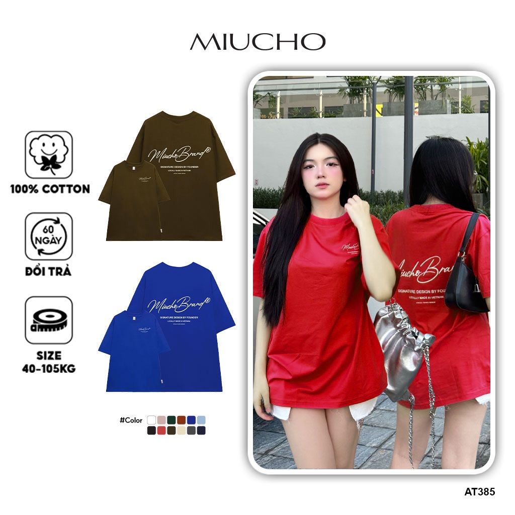 Áo Thun Unisex Form Rộng At385 Miucho Chất Vải Cotton In Brand Name