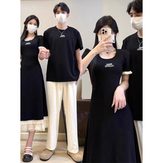 Váy thun đôi nam nữ cổ tròn thêu chữ trang trí maxi phối lai ren đẹp
