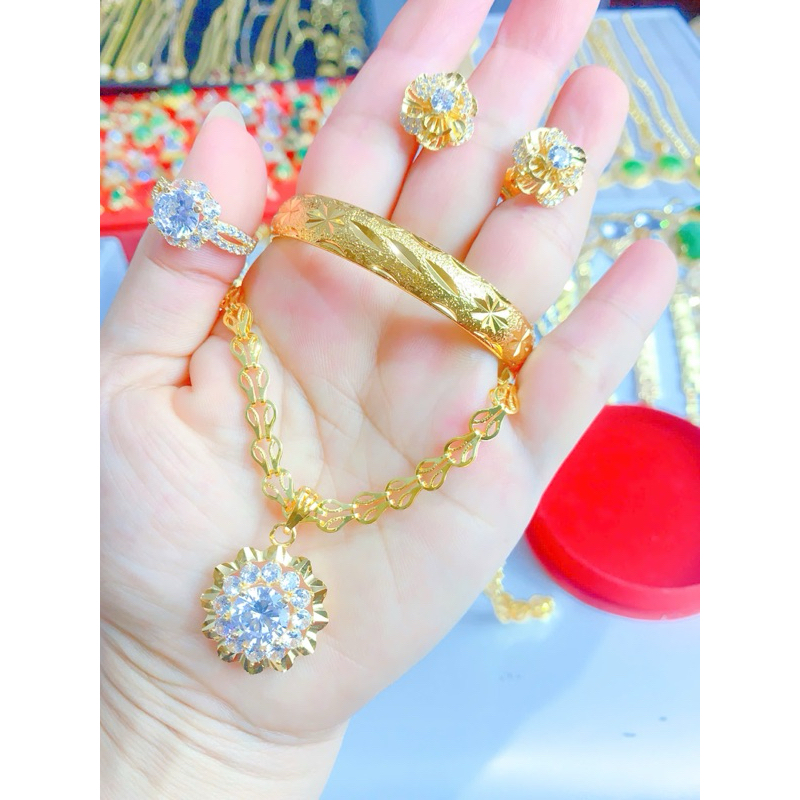 Các mẫu bộ trang sức bốn món dây chuyền kết mắt trái tim cam các loại mặt đá xanh đỏ trắng cho nữ