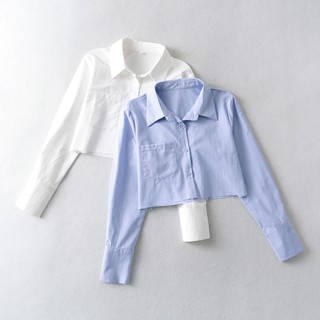 Áo Sơ Mi Nữ Croptop Thiết Kế Dài Tay Form Rộng Phối Túi Ngực Phong Cách Ulzzang Thời Trang Talene SO MI NU 029