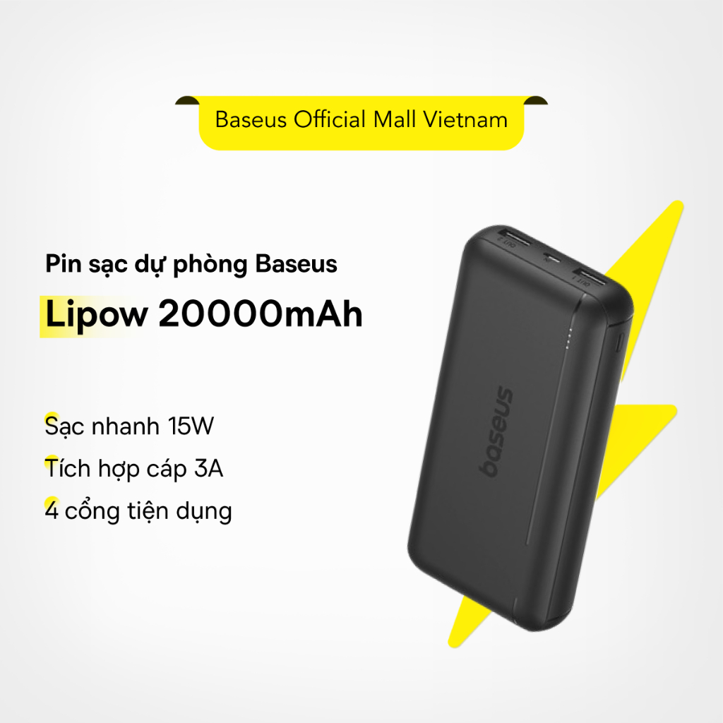   HCM Hoả tốc  Pin sạc dự phòng Baseus Lipow 20000mAh Sạc nhanh 15W tích hợp cáp 3A tương thích Xiaomi HUAWEI 