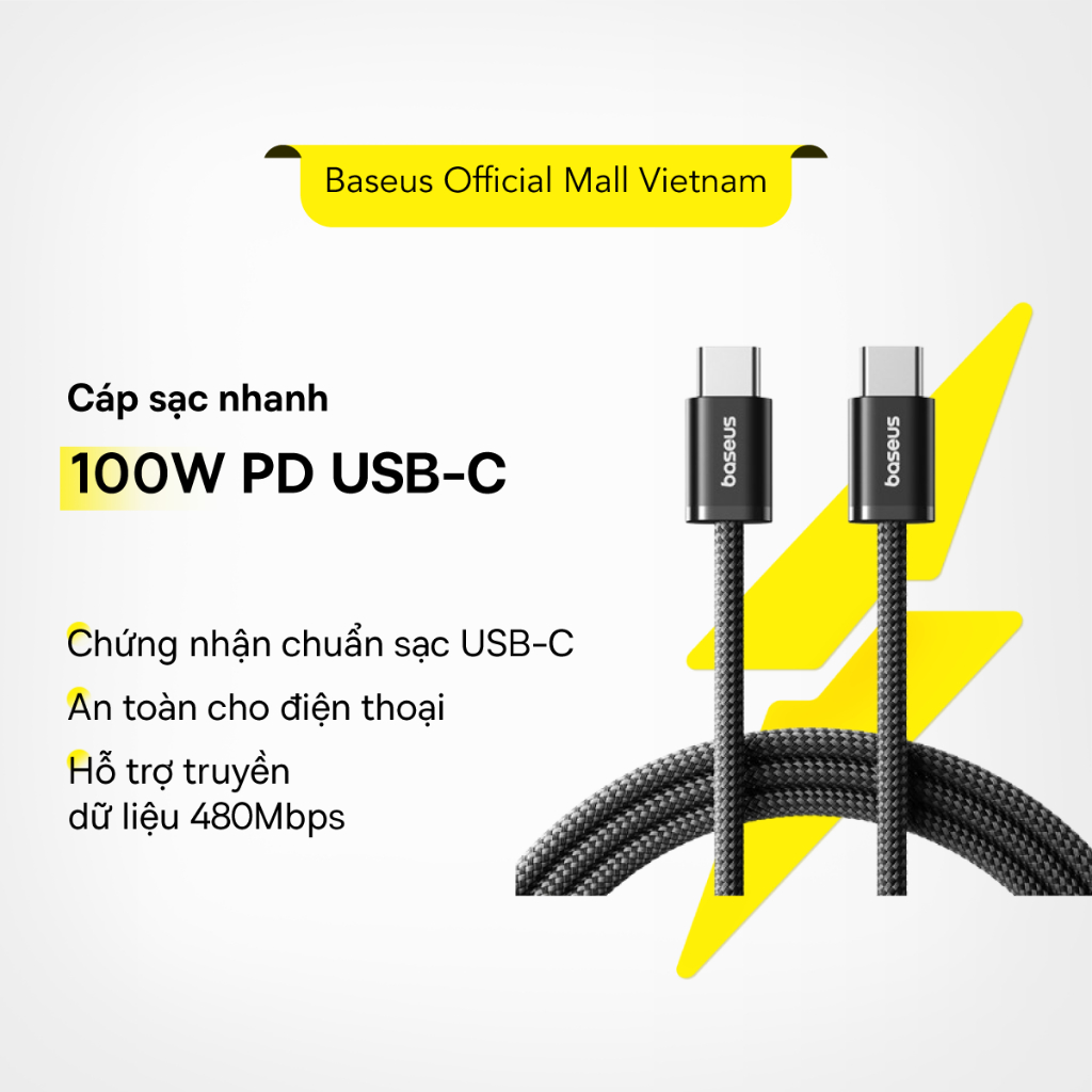 Cáp sạc nhanh Baseus 100W PD USB-C sang USB-C, Sạc nhanh cho Phon.e 15, M.ac, Sa.m.sung và các thiết bị tương tự | BigBuy360 - bigbuy360.vn