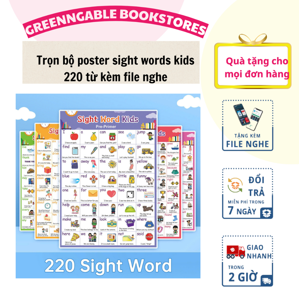 Trọn bộ poster sight words kids 220 từ có file nghe mp3