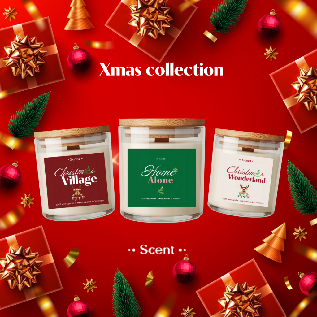 Nến thơm Giáng Sinh, New Year 2025 - 3 mùi, decor trang trí bữa tiệc giáng sinh, organic mùi hương T