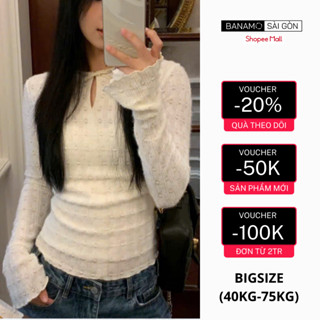 Áo len nữ BIGSIZE Banamo Sài Gòn áo len tay loe họa tiết phối nơ cổ phong cách Hàn Quốc 3943