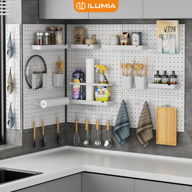 Bộ bảng lỗ Pegboard treo tường tặng kèm phụ kiện decor góc làm việc hoặc nhà bếp ILUMIA - GM170