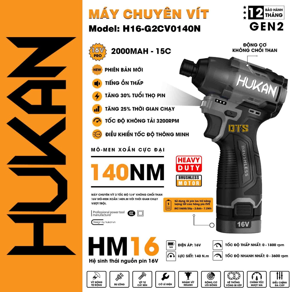 Bộ máy chuyên vít pin 16V - 16.8V HUKAN H16-G2CV0140N, HK-EC130MCL | 3 cấp chỉnh tốc, lực siết 140N.