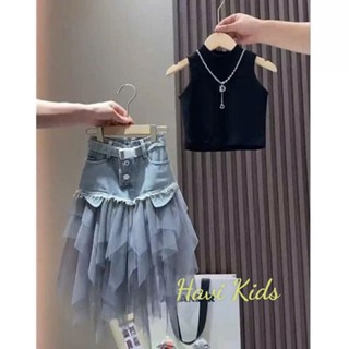  Sét bé gái chân váy jean phổi ren lưới áo cổ lọ cho mẹ và bé gái 15-55kg  sét đồ cá tính năng động cho bé và mẹ 
