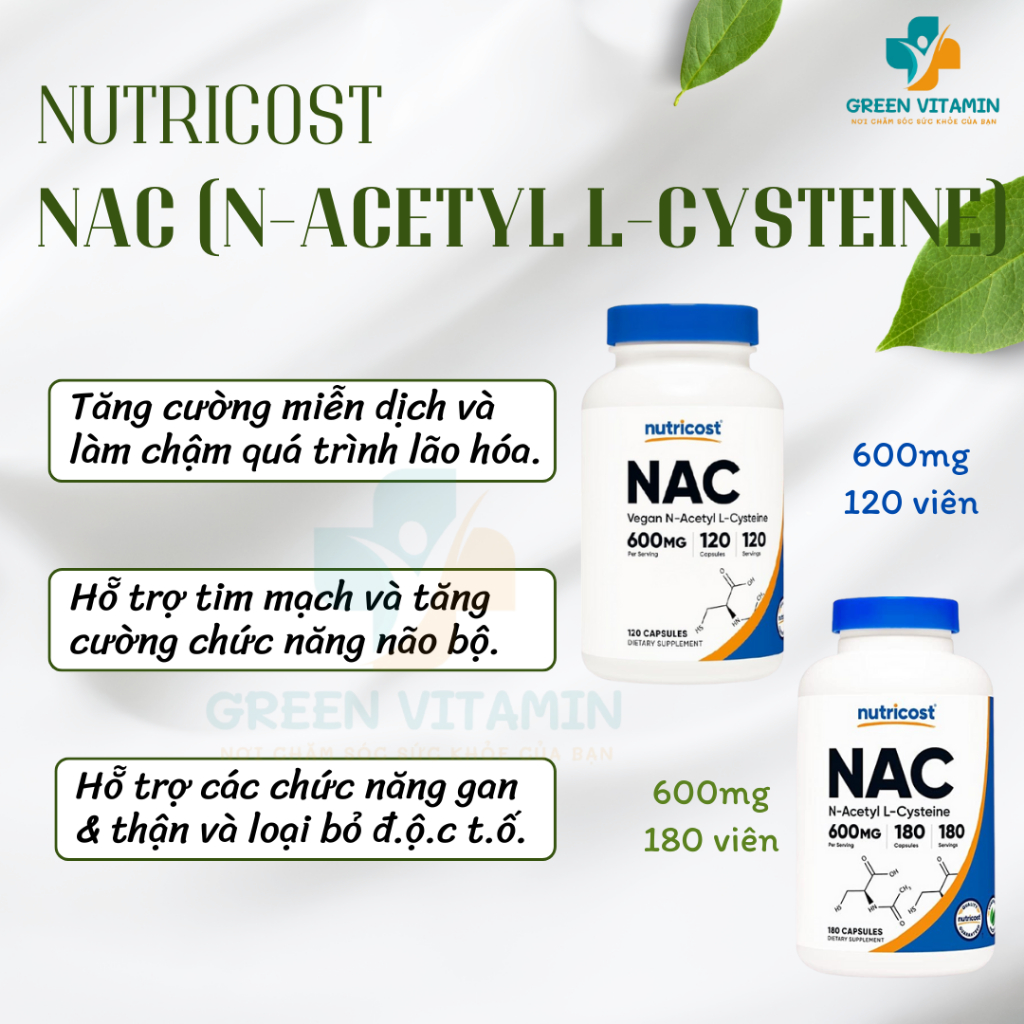 NAC Nutricost N-Acetyl Cysteine 600mg - Viên uống giải độc gan, chống oxy hóa, tăng cường miễn dịch