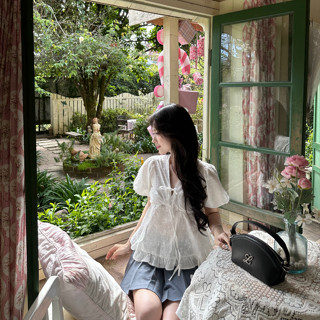 LUNA.Clothing | Bow Flower- Áo babydoll tay phồng cột nơ thêu, phối chun bo eo