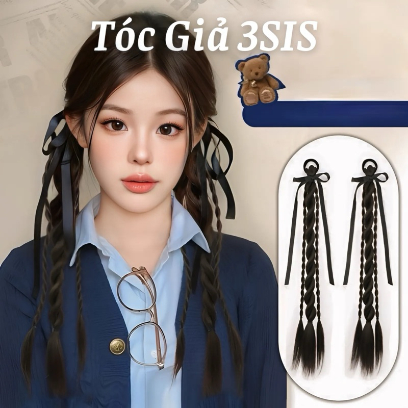 ( ẢNH THẬT )Tóc giả tết bính kèm nơ ruy băng, tóc giả thắt bính 2 bên, tóc giả tết có nơ ( GIÁ 1 CHI