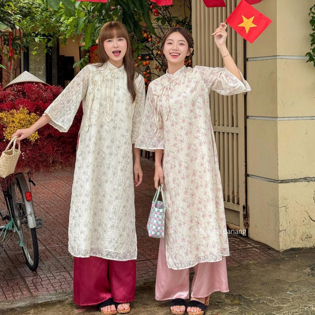 Áo dài voan tơ TƯỜNG VÂN in hoạ tiết hoa nhỏ pastel kèm quần satin HAVANA AD142