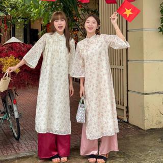 Áo dài voan tơ TƯỜNG VÂN in hoạ tiết hoa nhỏ pastel kèm quần satin HAVANA AD142