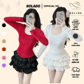  Set áo ôm body tay dài cổ vuông chất vải lông cừu mềm mại nhiều màu kèm chân váy voan tầng ROLADO 