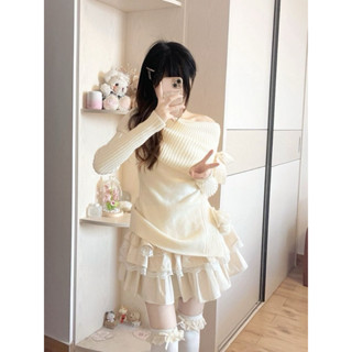 [Có sẵn] Set Áo Len Trễ Vai Bó Eo Và Chân Váy Tu Tu Màu Kem Mix Ren Xếp Tầng Kiểu Dáng Dễ Thương Nữ Tính