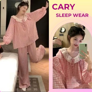 Bộ đồ ngủ tay áo dài cotton xốp pijama đồ mặc nhà nữ họa tiết kẻ caro chất đũi xốp mềm phối ren tiểu thư sang chảnh CARY