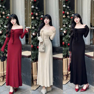 B30- Đầm Body Trễ Vai Tay Dài Bẹ To Đính Hoa Tua Rua Giữa - Form Ôm Body Xoè Dài Chữ A Thướt Tha