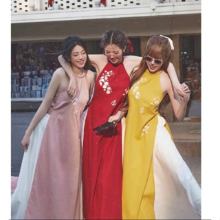 Set áo dài yếm áo dài cách tân cổ yếm in hoa kèm quần ống rộng cực dễ thương cho nữ đi chơi dự tiệc trung thu ao dài tết