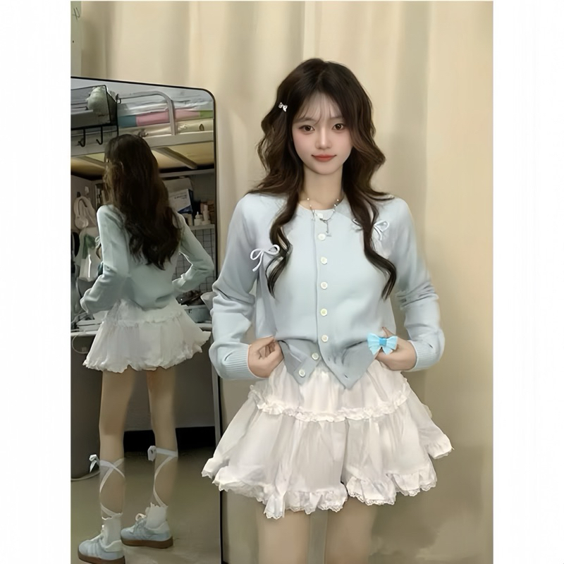 Sét Váy Cute Gồm Áo Cardigan Xanh + Chân Váy Xoè | BigBuy360 - bigbuy360.vn