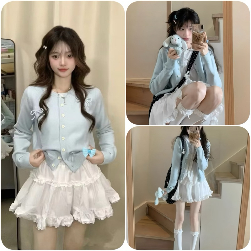 Sét Váy Cute Gồm Áo Cardigan Xanh + Chân Váy Xoè | BigBuy360 - bigbuy360.vn