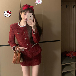   sẵn  Sét áo khoác dạ tweed đỏ + chân váy đỏ hàng order QC loại 1 nhà Oanhdilys 