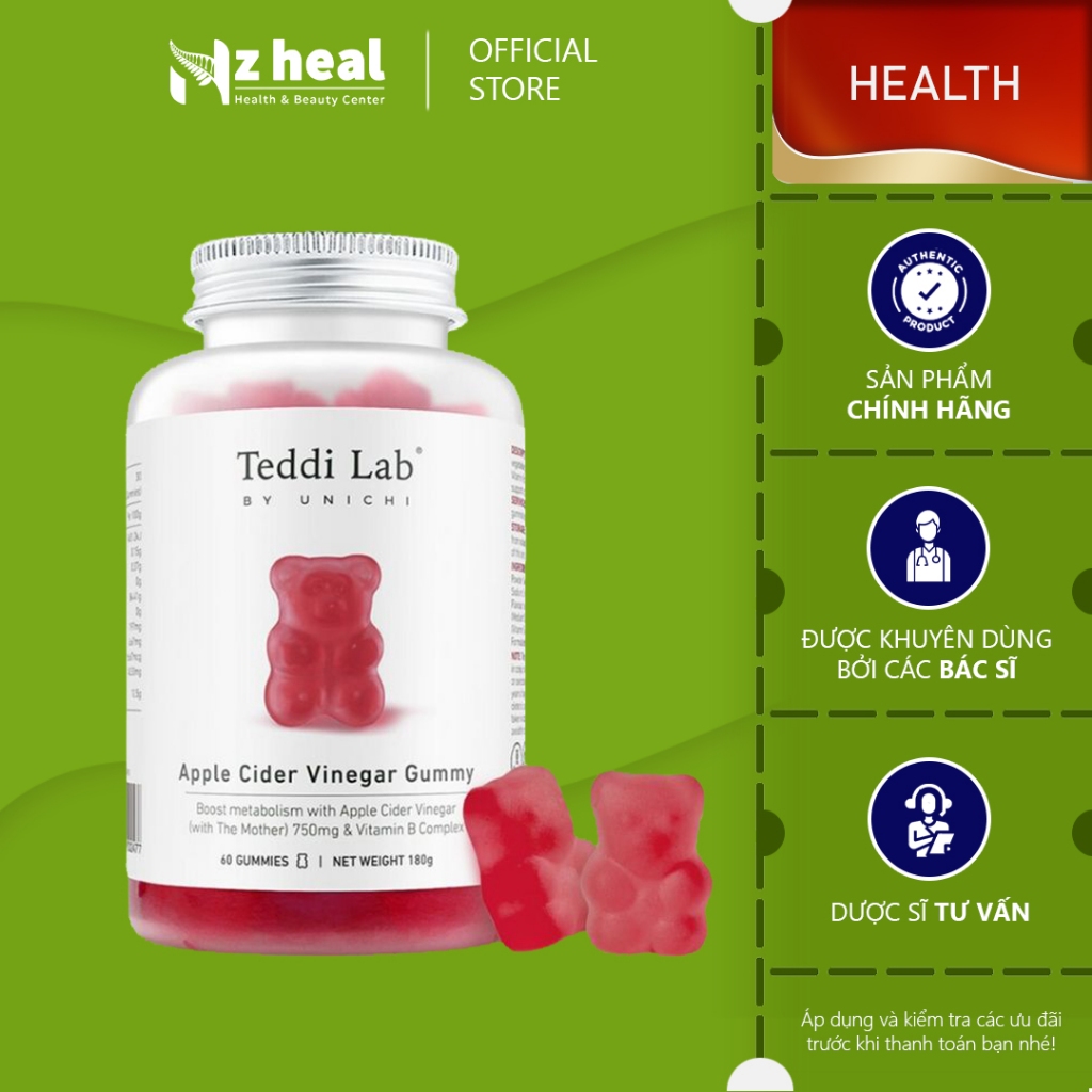 Kẹo dẻo giấm táo hữu cơ Unichi Apple Cider Vinegar Gummy 60 viên