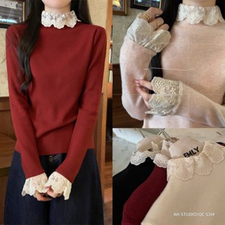[A.S31] ÁO LEN TĂM TRƠN TAY REN PHỐI CỔ BÈO metwo.dearu - Áo len mịn cổ cao 3p QC dài tay pha ren ulzzang tiểu thư HQ