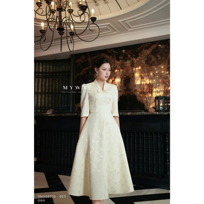 Đầm Nữ Dự Tiệc MY WAY Cổ V Đính Nơ Dáng Xòe Gấm Hoa Sang Trọng 9MD08336