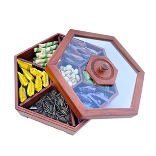 Hộp Đựng Bánh Kẹo Tết Gỗ Hương, Khay Lục Giác 7 Ngăn Đựng Bánh Kẹo Cao Cấp, Màu Nâu Đỏ Ấm Cúng
