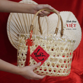 Giỏ quà Tết cao cấp giỏ mây tre đan, lãng quà truyền thống decor trang trí Tinh Hoa Việt