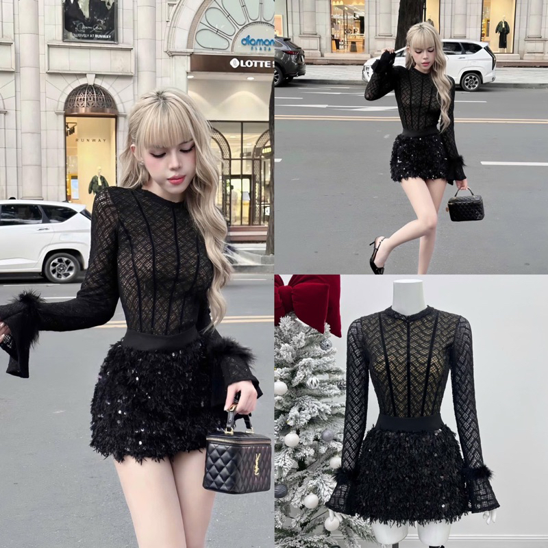 [Sẵn - Hoả Tốc] Set áo ren tay dài đính lông vũ cổ tròn và chân váy ngắn kim sa sang quyến rũ cho nà