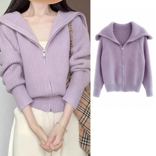 [ẢNH THẬT] SẴN Áo khoác len cardigan màu tím pastel xinh cổ lật polo khoá kéo nữ dài tay bo gấu ulzzang Hàn Quốc