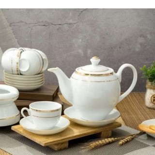 Ấm chén men trắng kẻ chỉ vàng