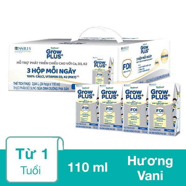 Sữa bột pha sẵn Grow Plus bạc tăng chiều cao thùng 24 hộp 110ml