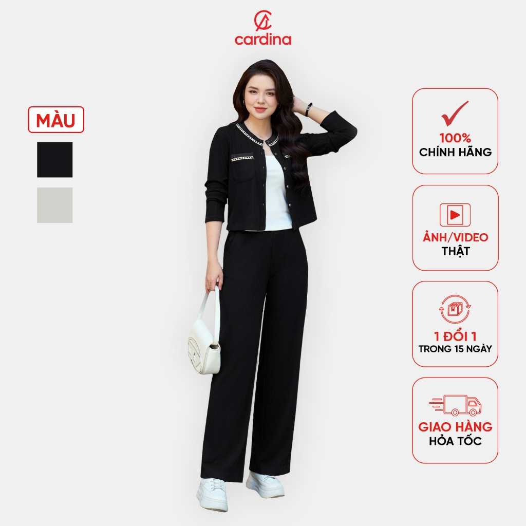 Đồ bộ nữ CARDINA chất liệu len nhung co giãn nhẹ quần suông cổ tròn phối dây viền sang trọng trẻ trung 4BTD03 