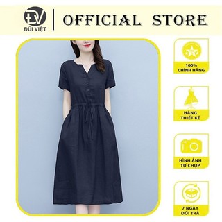 Đầm linen rút eo cổ chữ V tay ngắn da218