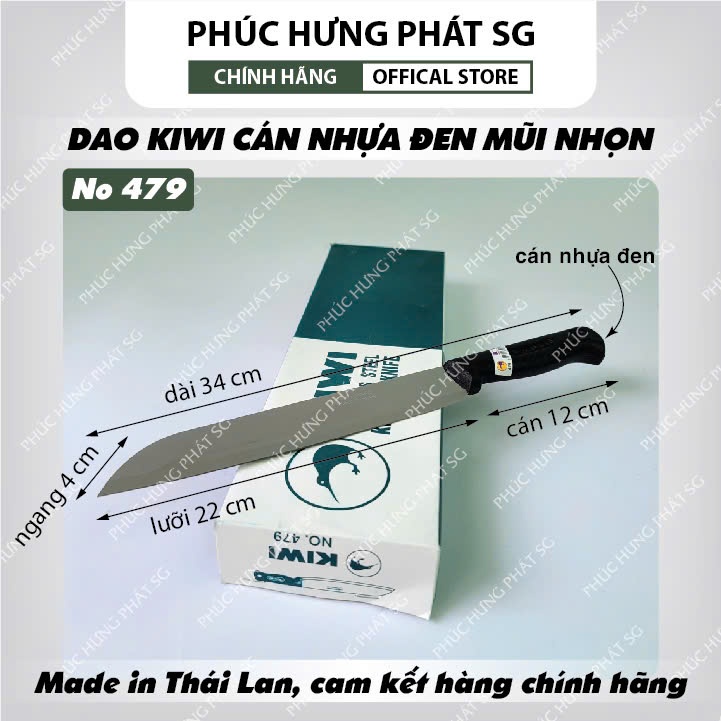 Dao thái Kiwi mã 476 đến 479 đầu nhọn cán đen -Hàng Thái Lan chính hãng. Dài 25-28-31-34cm