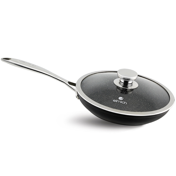 Chảo vân đá chống dính tự nhiên Elmich Full Induction 24cm Xuất xứ CH Séc kèm vung kính dùng bếp từ