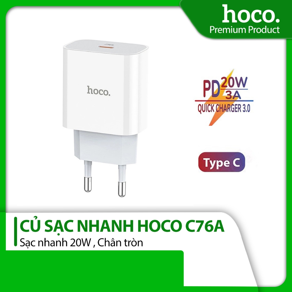 Củ sạc nhanh PD20W/3A Hoco C76A Plus 1 cổng Type-C chân tròn tiêu chuẩn