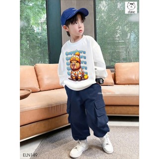 Bộ nỉ da cá mix quần kaki túi hộp cho bé trai in hình Capybara hàng cao cấp ELAINE | ELN149