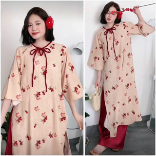 (SHOP BIGSIZE NỮ 50KG ĐẾN 90KG) set áo dài nhung tăm hoa nhí đỏ kèm quần
