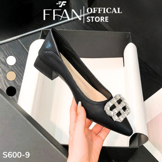  Giày nữ đế vuông mũi nhọn  da thật mềm mại  S6009 FFAN STORE cao gót bít mũi đính đá 3 phân màu đen be trắng big size 