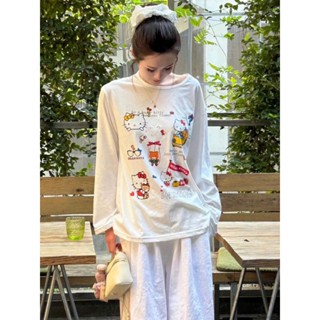 Áo phông nữ tay dài thun giấy in hình Hello Kitty Menina/-studio, áo dài tay nữ style Hàn Quốc form rộng