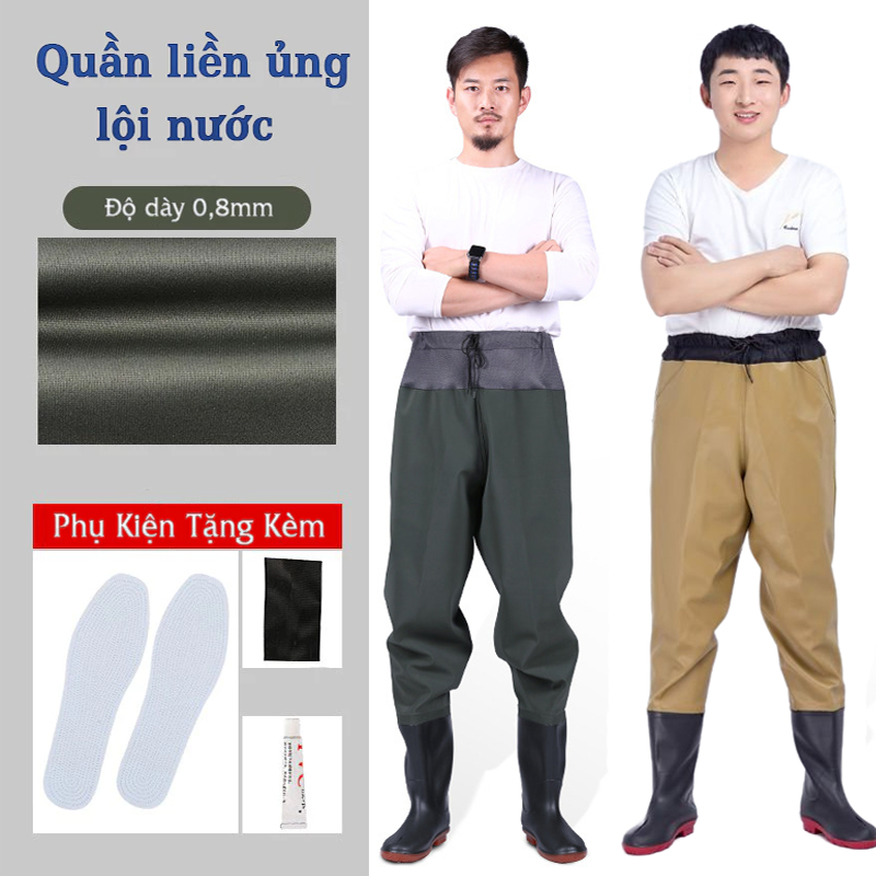 Quần liền ủng lội nước chất liệu PVC + vải chống thấm màu xám Size 36 - 45
