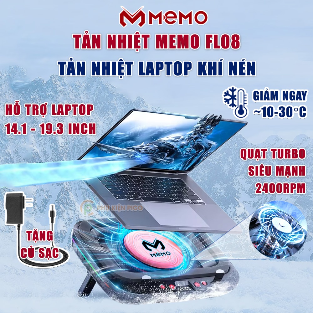 Đế tản nhiệt laptop Memo FL08 tản khí nén turbo 2400RPM quạt tản nhiệt laptop giảm nhiệt nhanh