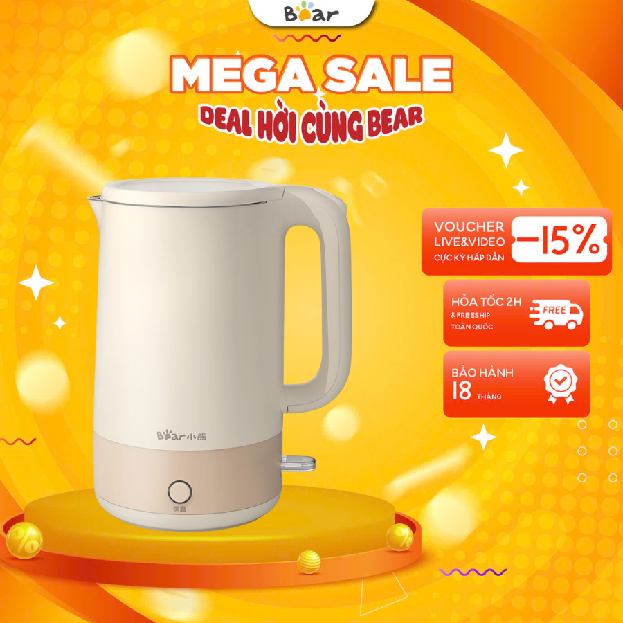 Ấm siêu tốc 1.7L inox 2 lớp Bear ZDH-Q17H5, Công suất lớn 1800W, Có giữ nhiệt 55 độ C, BH 18 Tháng